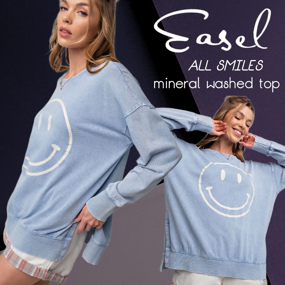 EASEL "All Smiles"  Mineral Washed 100% Soft Cotton Terry Knit Tunic Side Slits